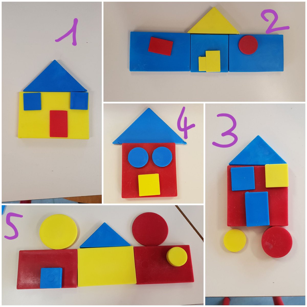 MaternelleF's tweet image. Bonjour @leslouloups @problemater  Mon toit est un triangle bleu, mes fenêtres ont la même forme mais sont de couleurs différentes. Mes murs sont rouges et ma porte est un rectangle. Qui suis-je ? #problemater