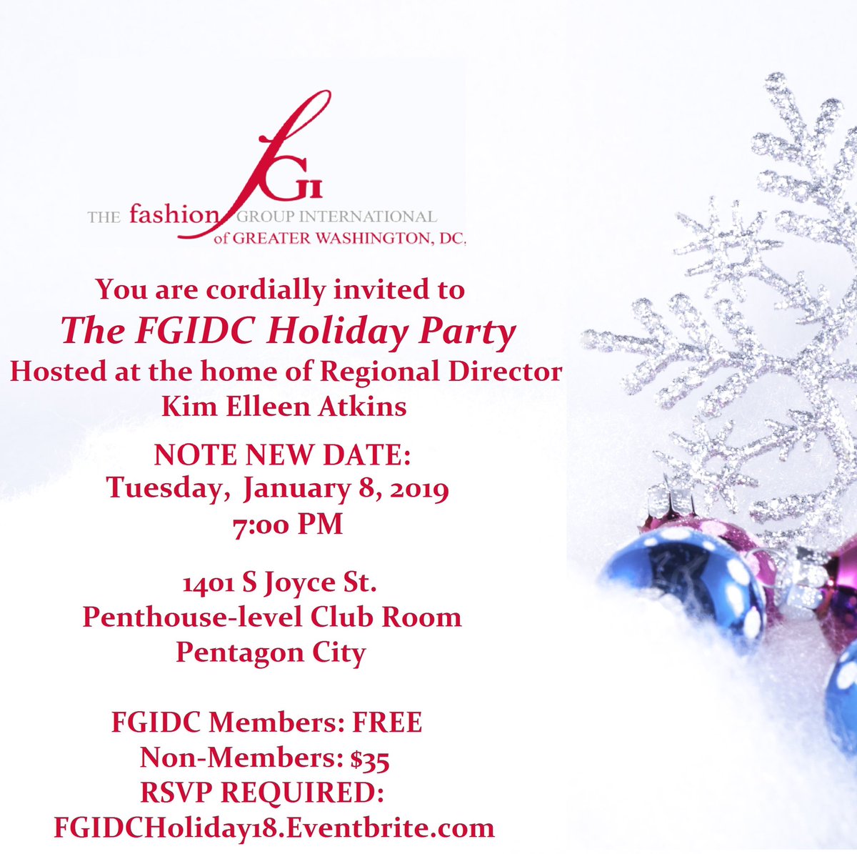 Let’s celebrate the holidays together! Join us Jan 8 for our 2018 Holiday Party, hosted at the home of Regional Director Kim Elleen Atkins. We’ll have lite bites, festive beverages and fashion Santa to make your spirits bright! 
RSVP here eventbrite.com/e/updated-fgid… #fgidc #fashion