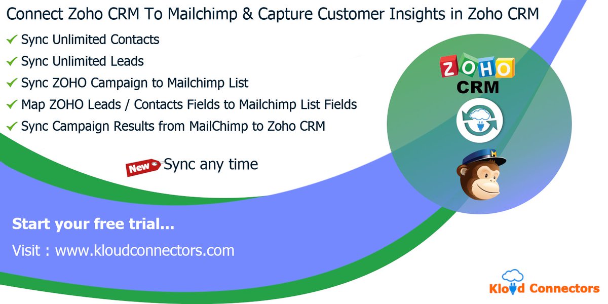 KloudConnectors's tweet image. Use #KloudConnectors to integrate #MailChimp &amp;amp; #ZohoCRM. Send beautiful campaigns from #MailChimp and track the results in #ZohoCRM