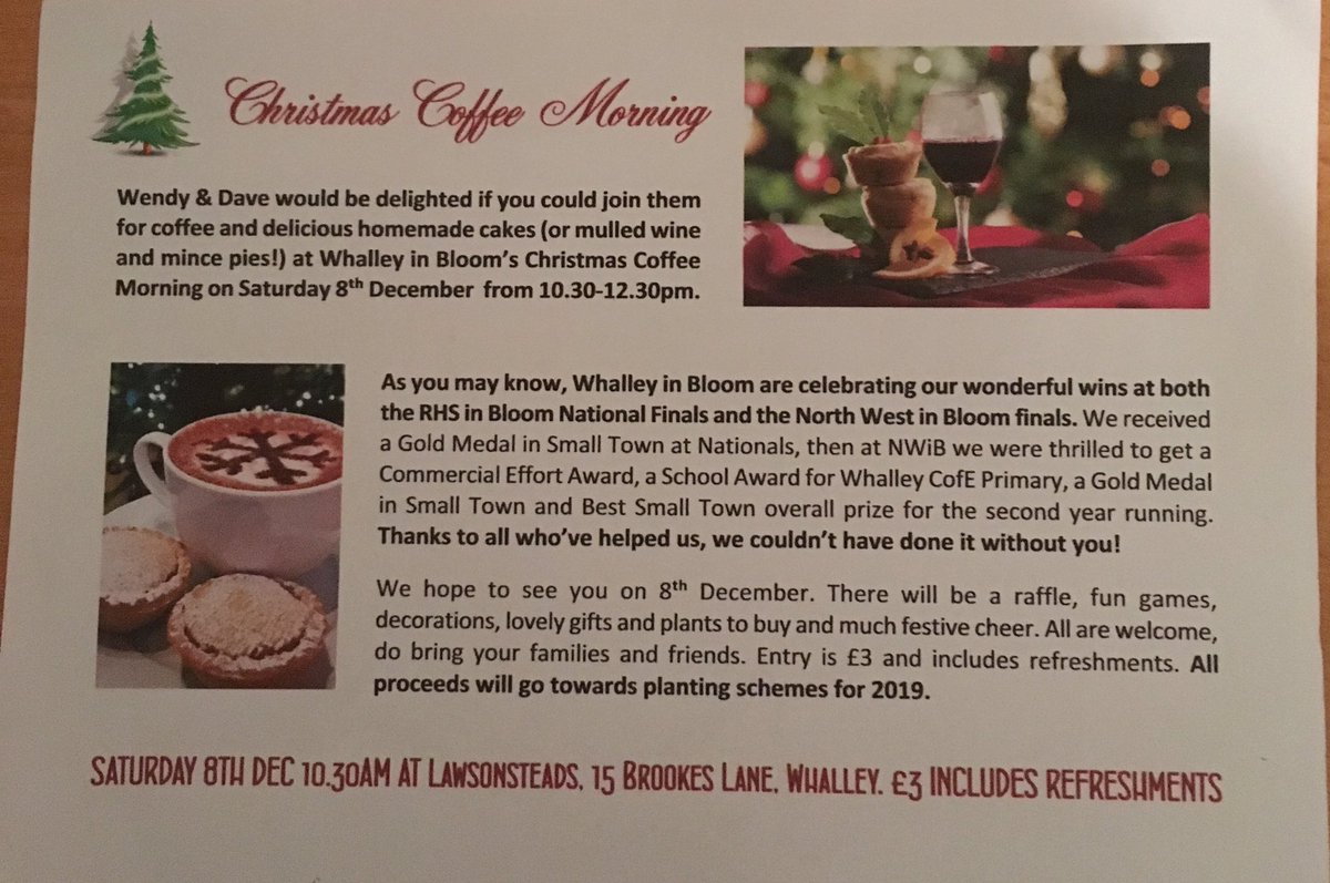 Please support our Christmas Coffee morning . Raising funds for the village plantings. #Whalley #inbloom @LoveWhalley @whalleywineshop @whalleycoop @VisitWhalley @WhalleyLions @WhalleyMasons