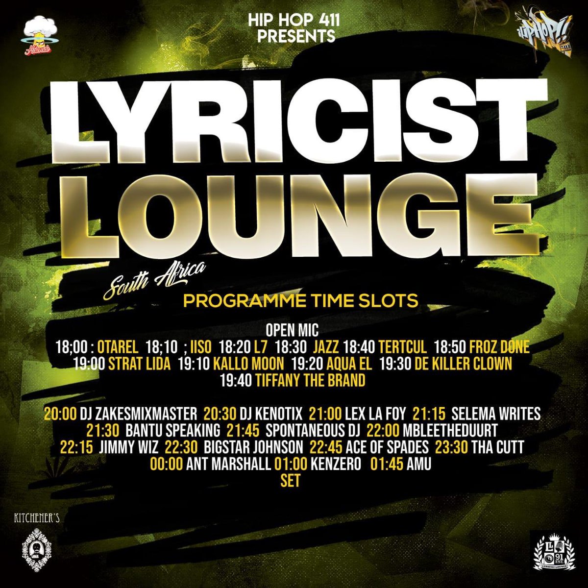 mbleetheduurt's tweet photo. We are getting closer and closer to #lyricistlounge SA . The streets were Never ready. Here are the time slots so you don’t have an excuse for missing your favorite acts 
It’s popping off @barkitcheners WEDNESDAY!! 18:00 till LATE 🇿🇦 Hosted by @mbleetheduurt and @Antibullish https://t.co/VBymQI5yUV
