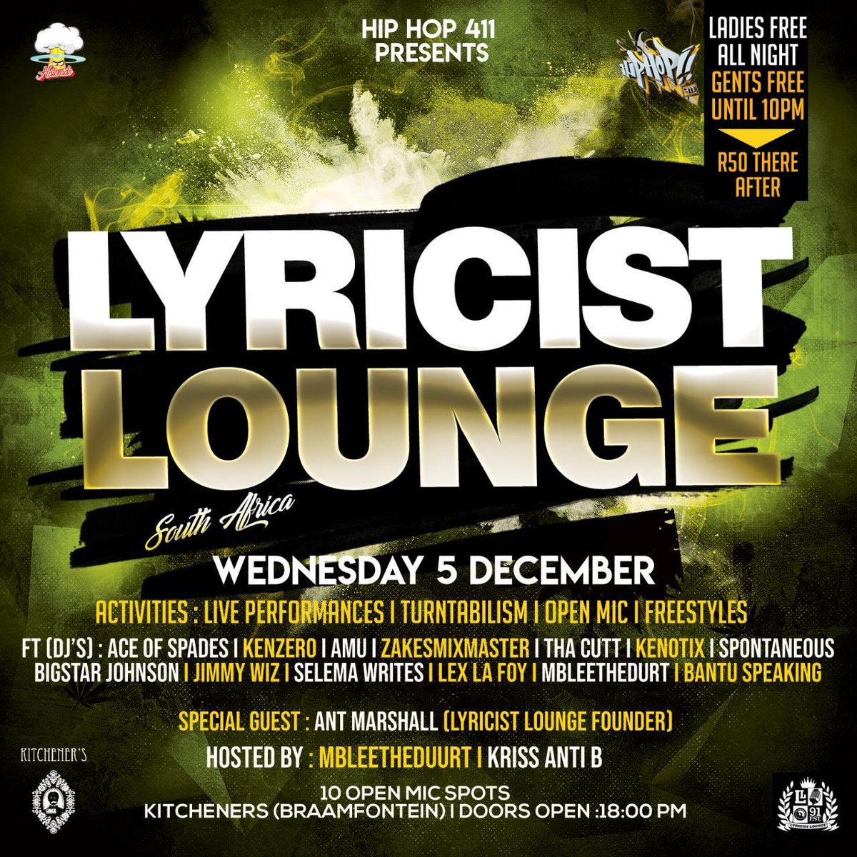 mbleetheduurt's tweet photo. We are getting closer and closer to #lyricistlounge SA . The streets were Never ready. Here are the time slots so you don’t have an excuse for missing your favorite acts 
It’s popping off @barkitcheners WEDNESDAY!! 18:00 till LATE 🇿🇦 Hosted by @mbleetheduurt and @Antibullish https://t.co/VBymQI5yUV