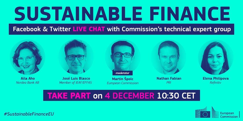 Starting soon! Our LIVE chat with the <a href="/EU_Commission/">European Commission</a>'s expert group on #SustainableFinanceEU. Join in the discussion and help us work towards a #ClimateNeutralEU 🇪🇺💚🌍 #ParisAgreement #ClimateChange #ClimateAction  #COP24 #GreenFinance #EU2050 #ESG