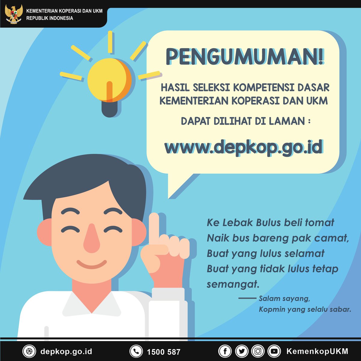 kemenkop_'s tweet photo. Hore #SobatKUKM!
Pengumuman hasil Seleksi Kompetensi Dasar (SKD) dan Pelaksanaan Seleksi Kompetensi Bidang #CPNSKUKM2018 sudah dapat dilihat di web kami

https://t.co/Uw0ECDfk5X

Selamat dan sukses untuk kita semua 😊😇🙏 https://t.co/lfXcVpg8xd