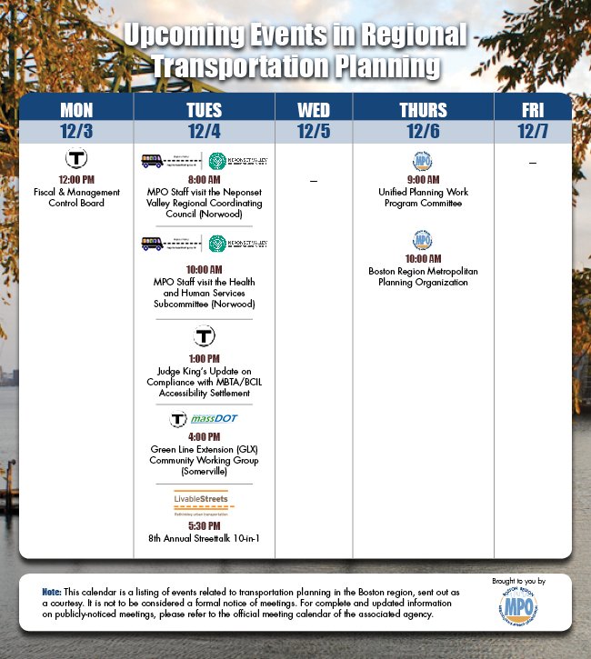 BostonRegionMPO's tweet photo. This week's events include @BostonRegionMPO staff visit @NeponsetTMA #NVRCC meetings, @BostonRegionMPO UPWP Committee and MPO board, @MBTA FMCB and Judge King's update on accessibility settlement, @MassDOT #GLX community working group, @StreetsBoston #Streetalk10in1 https://t.co/clbO4mvvh4