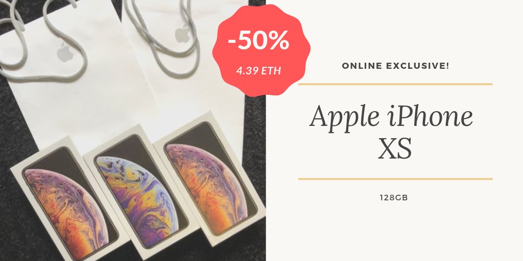 Customsconfisc's tweet image. iPhone XS 128 gb  4.39 ETH 
NEW IN SEALED BOX.
AVAILABLE 
UNLOCKED, CAN BE USED ON ANY CARRIER WORLDWIDE!
BUY WITH CONFIDENCE.
FAST SHIPPING, SIGNATURE REQUIRED.
I CAN ONLY SHIP TO CONFIRMED ADDRESS.
OTHER COLORS AVAILABLE