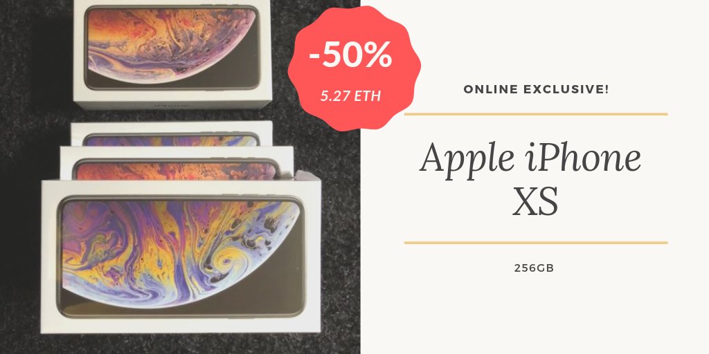 Customsconfisc's tweet image. iPhone XS 256 gb  5.27 ETH 
NEW IN SEALED BOX.
AVAILABLE 
UNLOCKED, CAN BE USED ON ANY CARRIER WORLDWIDE!
BUY WITH CONFIDENCE.
FAST SHIPPING, SIGNATURE REQUIRED.
I CAN ONLY SHIP TO CONFIRMED ADDRESS.
OTHER COLORS AVAILABLE