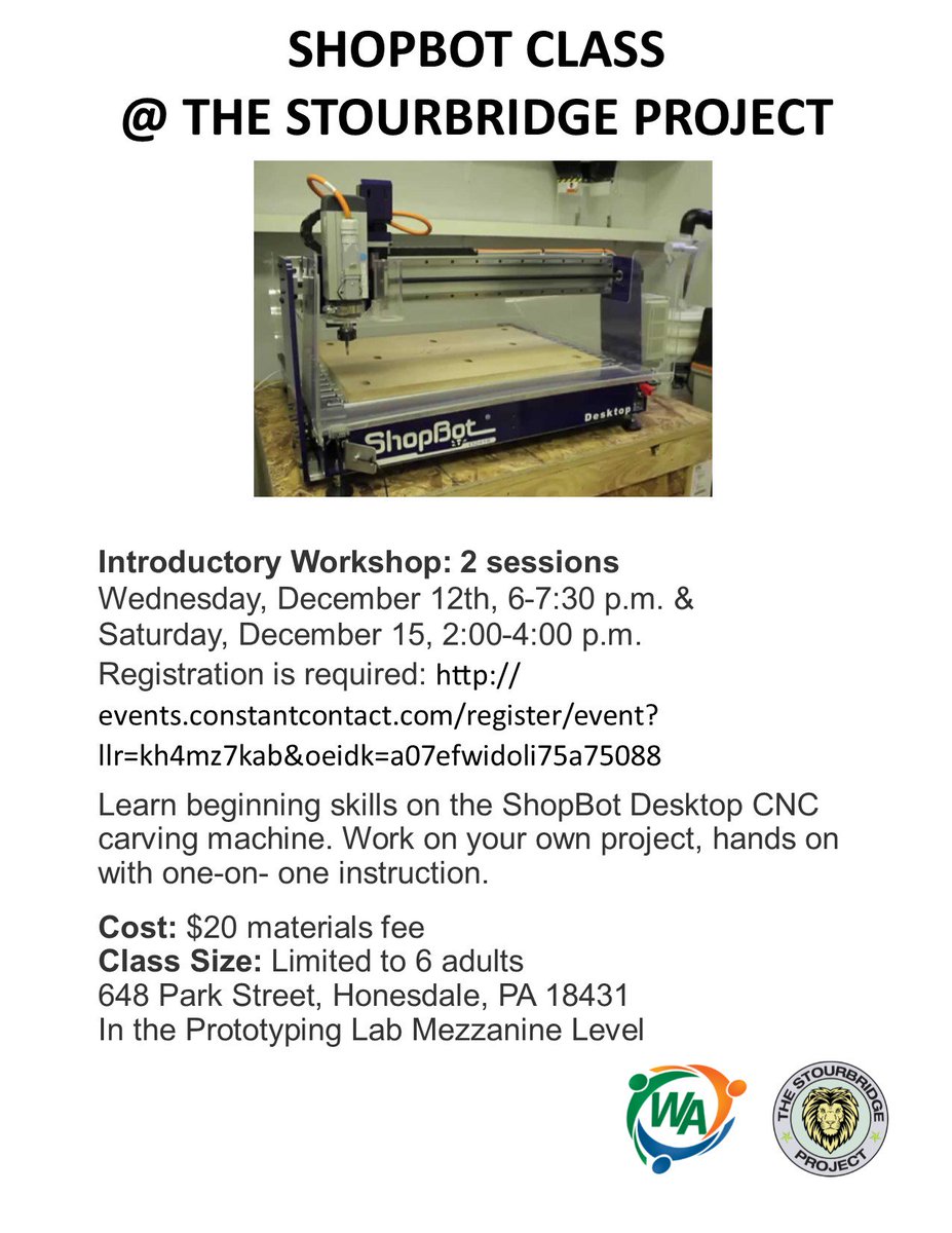 Just Announced: December ShopBot Classes at the Stourbridge Project!

Register Here:
events.constantcontact.com/register/event…