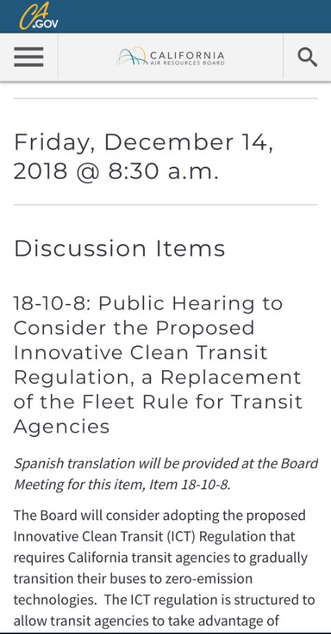 In just a couple weeks, <a href="/AirResources/">CARB</a> will hold a hearing for the Innovative Clean Transit Regulation, marking a major step forward for policy ensuring the complete transition to zero-emission buses in CA. We’ll be there--will you? #FutureIsElectric
