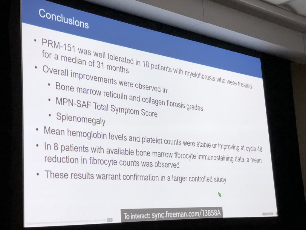 doctorpemm's tweet photo. #ASH18 #MPNSM Oral session: Clinical Beyond JAKi. Dr Serge Verstovsek @LeukemiaMDA | #PRM151 for patients with MF | #PTX2 #fibrocyte: Bone marrow fibrocyte correlatives & conclusions https://t.co/B47YzTPsjz