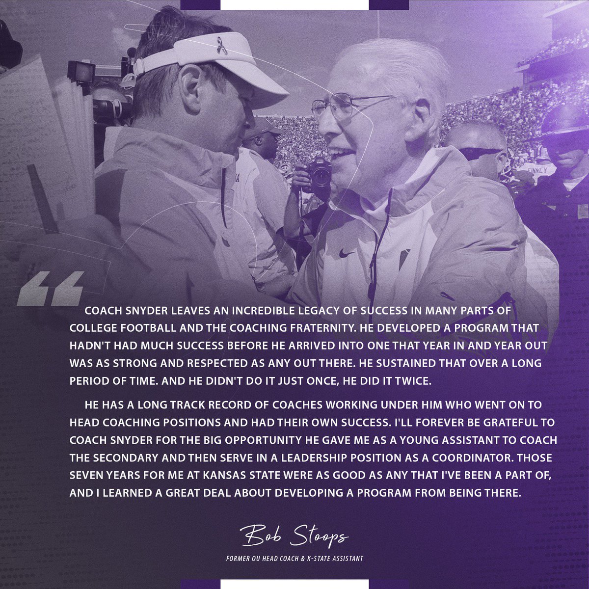 KStateFB's tweet photo. "Those seven years for me at Kansas State were as good as any that I've been a part of, and I learned a great deal about developing a program."

🎙 Bob Stoops | 📝 https://t.co/KChEba6JoJ

#ThanksCoachSnyder #KStateFB https://t.co/qpNQML3zK6
