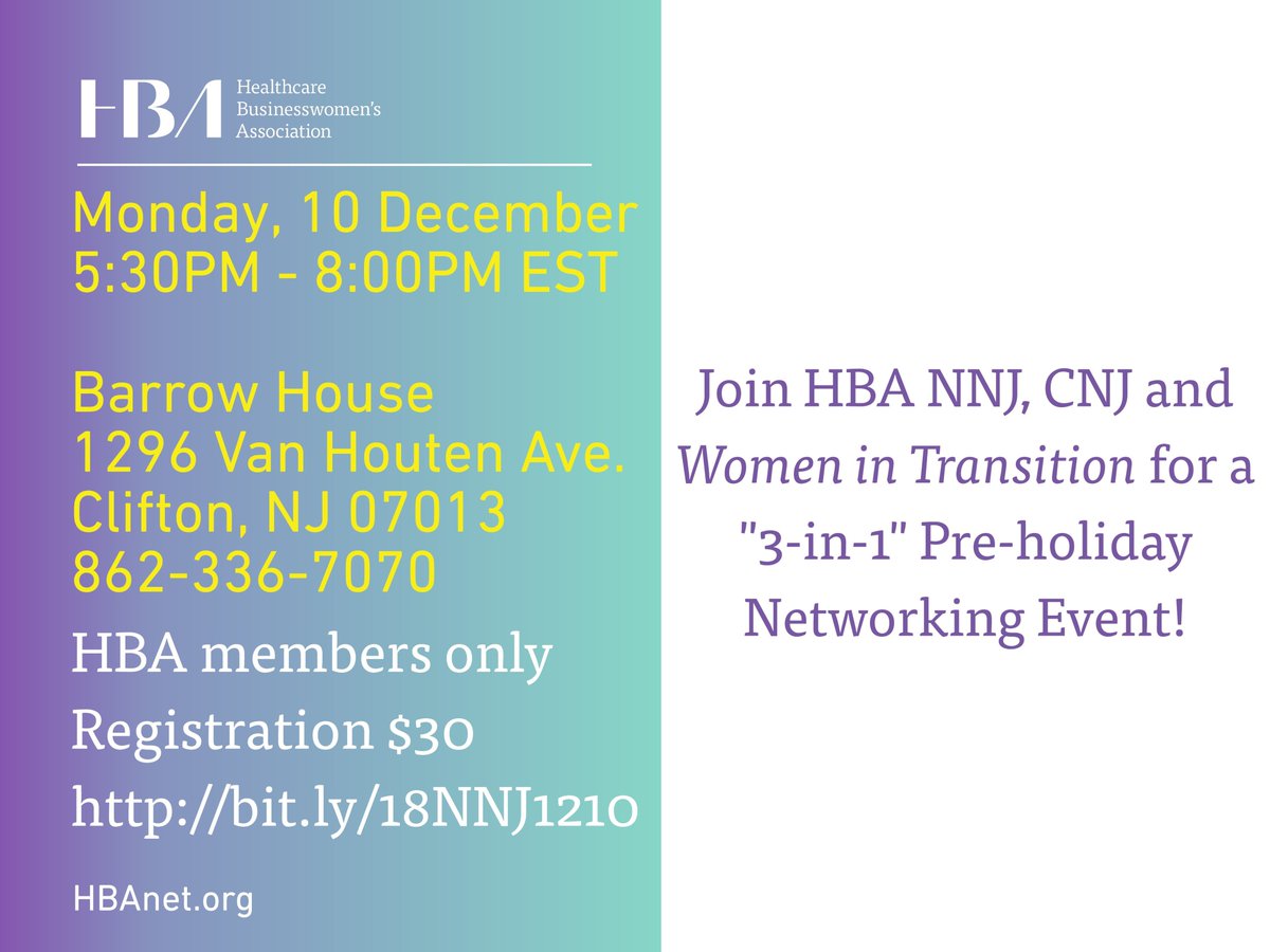 HBANY_TriState's tweet photo. Don't forget to register for the December 10 networking event! Lorrie Albinson will be there and looking forward to meeting all of you!
#HBACNJ #HBANNJ #HBANY https://t.co/499xSRUEf0