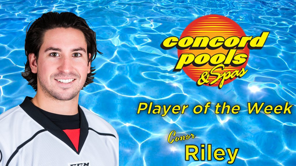 This week's <a href="/concordpools/">Concord Pools & Spas</a> Player of the Week is forward Conor Riley!

Conor tallied three times last week, including one on the power play, to give him a team-leading 12 scores on the year. Riley added an assist for four total points and was a +2 on the week. Congrats, Conor!