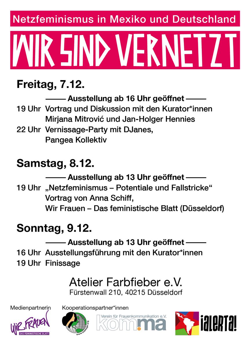 enlaces2018's tweet photo. #Ausstellung Wir wandern weiter mit der multimedialen Ausstellung "Wir sind vernetzt | Estamos conectadas": Kommt von #freitag bis #sonntag im Atelier #Farbfieber , Fürstenwall 210 vorbei! Wir freuen uns auf euch und jede Menge Austausch zum Thema Feminismus und Internet 💻♀️🖱️ https://t.co/0WQOaosMMb