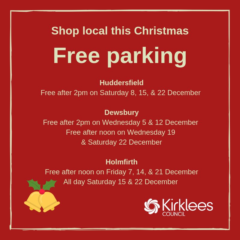 KirkleesCouncil's tweet photo. Who's supporting their local high street this Christmas? Free parking starts this week in Dewsbury, Holmfirth and Huddersfield. Please RT #kirkxmas https://t.co/BYZm4BH3lc