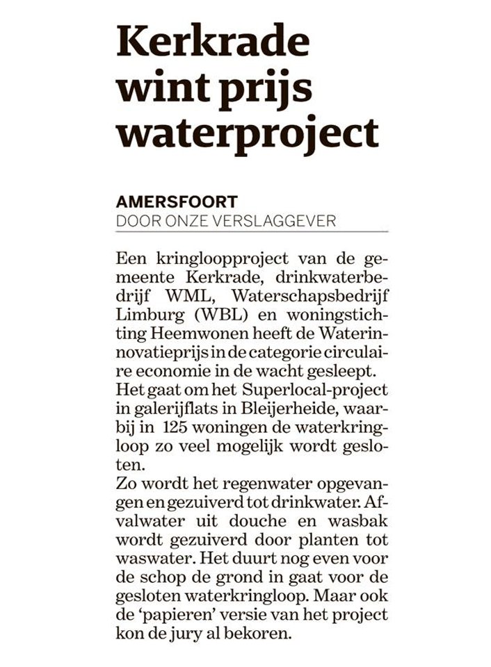 ibaparkstad's tweet photo. Het kringloopproject van WML, Waterschapsbedrijf Limburg, de Gemeente Kerkrade en Heemwonen hebben een prijs in de wacht gesleept in de categorie circulaire economie voor het IBA Project SUPERLOCAL - Super Circular Estate. #trotsopParkstad https://t.co/6Lblr9ZvhG