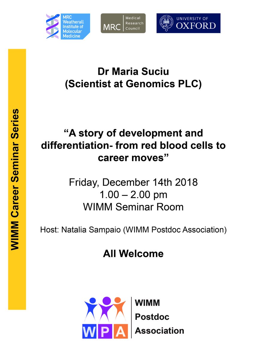 New careers seminar @MRC_WIMM- @MariaC_Su will be talking about her career path, from a PhD with Prof Doug Higgs and @jrmmhughes at @MRC_MHU to her current role @Genomicsplc. All welcome! Friday 14th Dec at 1pm talks.ox.ac.uk/talks/id/3d608…