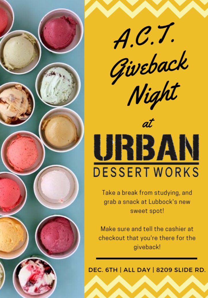 ActTtu's tweet photo. Have you been wanting to try Urban Dessert Works? Now is your chance! Mention ACT at the register on dead day, this Thursday! https://t.co/gHjARRe8AX