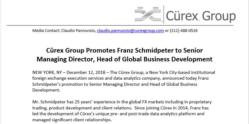 CurexFX's tweet photo. Cürex Group Holdings, LLC is glad to announce the promotion of Franz Schmidpeter to Senior Managing Director Cürex Group Holdings, LLC https://t.co/ph9Yd9k7qC #liquidity #foreignexchange #buyside #pretradeanalytics #mifidii #algos #transparency #bestexecution #marketimpact https://t.co/zQcaj7FIMQ