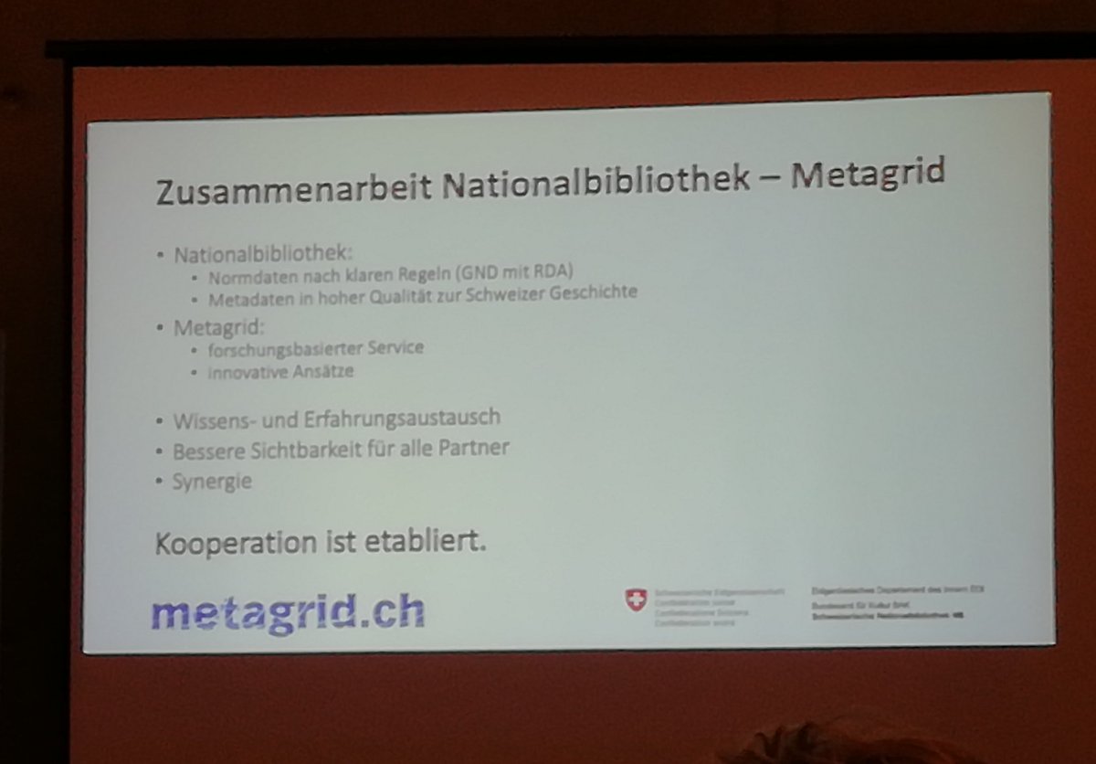 Maria Rottler (@mariarottler) on Twitter photo #GNDcon <a href="/chrisaliv/">Christian Aliverti</a> über die Zusammenarbeit von @CHNatbib und <a href="/Metagrid_ch/">Metagrid.ch</a>
"Kooperation ist etabliert." #GNDcon <a href="/chrisaliv/">Christian Aliverti</a> über die Zusammenarbeit von @CHNatbib und <a href="/Metagrid_ch/">Metagrid.ch</a>
"Kooperation ist etabliert."