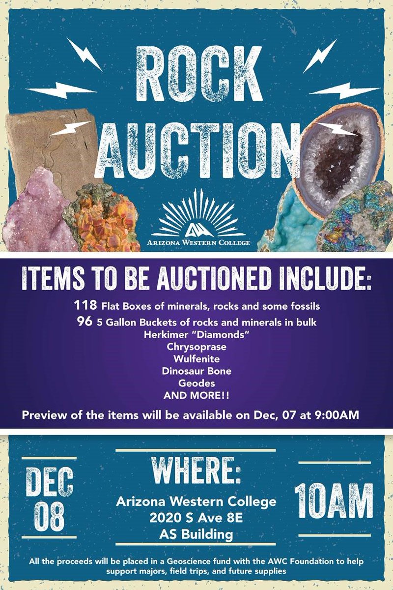 AWCalumni's tweet photo. Do you like Rocks?  We will be auctioning 118 boxes of minerals, rocks,  and fossils, 96-5 gallon buckets of rocks and minerals. December 8 at 10am. Surprise your kids with geodes for Christmas! Proceeds benefit the GeoScience program and scholarships at AWC. https://t.co/sIBJff3owr