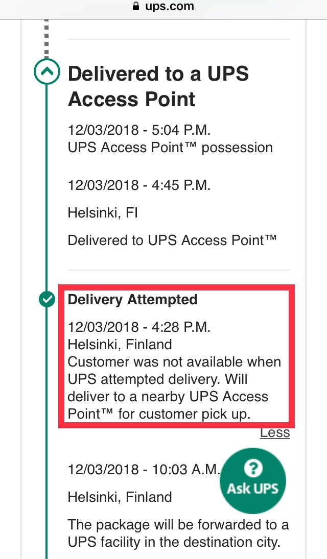 yllapitaja's tweet photo. @UPSHelp This “delivery attempt” seems a bit strange, as I requested delivery to access point at 9AM and no delivery attempt was made. Does this affect the metrics of your subcontractor? https://t.co/w73Fsf1teL