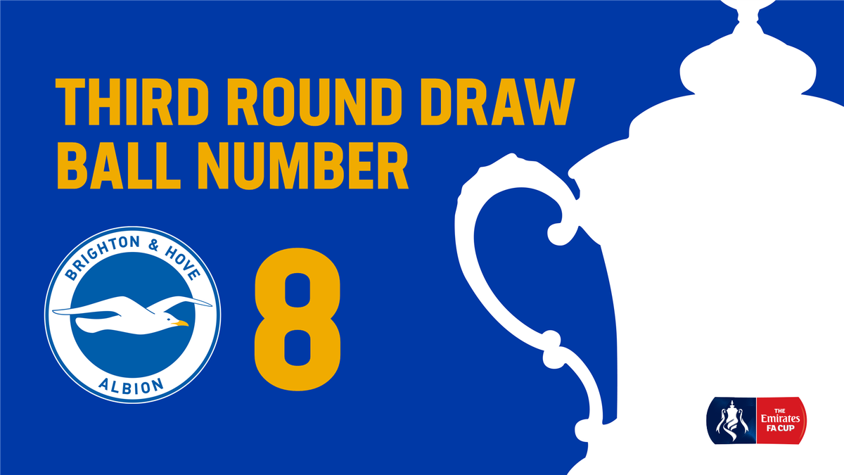 OfficialBHAFC's tweet photo. 🎱 Albion are ball number eight in tonight's @EmiratesFACup Third Round draw - live on @BBCTwo from 7.30pm!

#BHAFC 🔵⚪️

Read ➡️ https://t.co/3D0bn9MM2G https://t.co/AdxZMvZzPQ