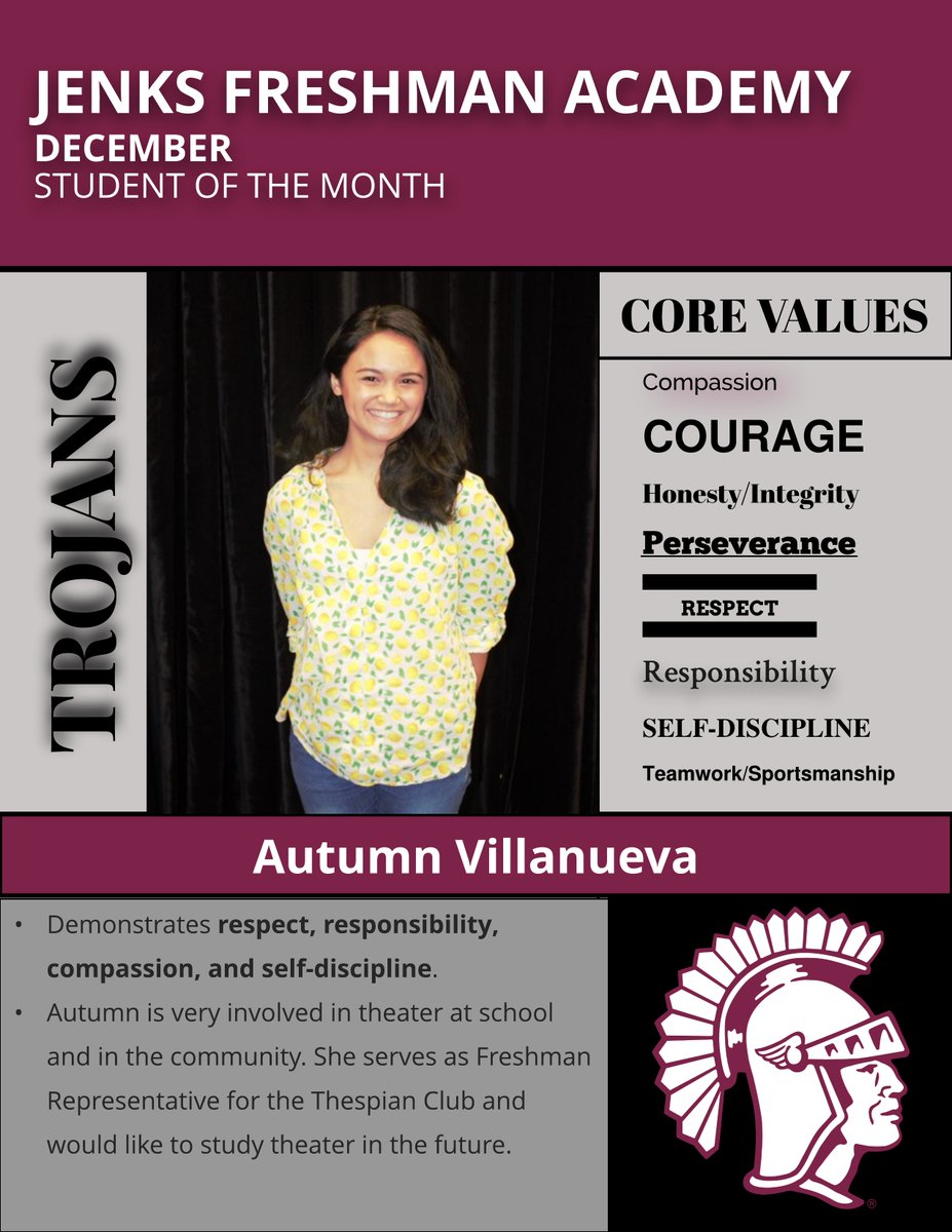 JenksFreshmanAcademy (@jenksfa) on Twitter photo Congratulations to our December Student of the Month, Autumn Villanueva! Autumn has made a huge mark on her teachers and our student body with her kindness, compassion, and self-discipline and in her recent performance as Mrs. Gabbylips in <a href="/JHS_Theatre/">Jenks Theatre</a> 's Million Dollar Baby! Congratulations to our December Student of the Month, Autumn Villanueva! Autumn has made a huge mark on her teachers and our student body with her kindness, compassion, and self-discipline and in her recent performance as Mrs. Gabbylips in <a href="/JHS_Theatre/">Jenks Theatre</a> 's Million Dollar Baby!