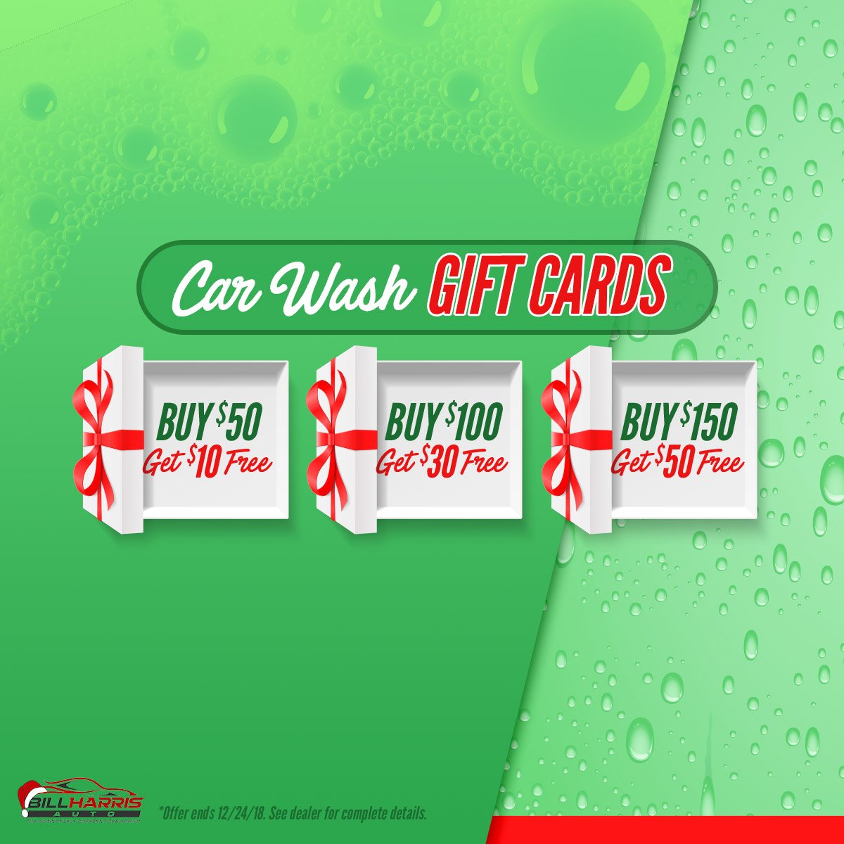BillHarrisAuto's tweet photo. It's not too late to take advantage of our car wash offers this holiday season! Get up to $50 worth of free car washes when you purchase a car wash gift card at Bill Harris Auto, now through Christmas Eve. https://t.co/sywl8C0Ecu