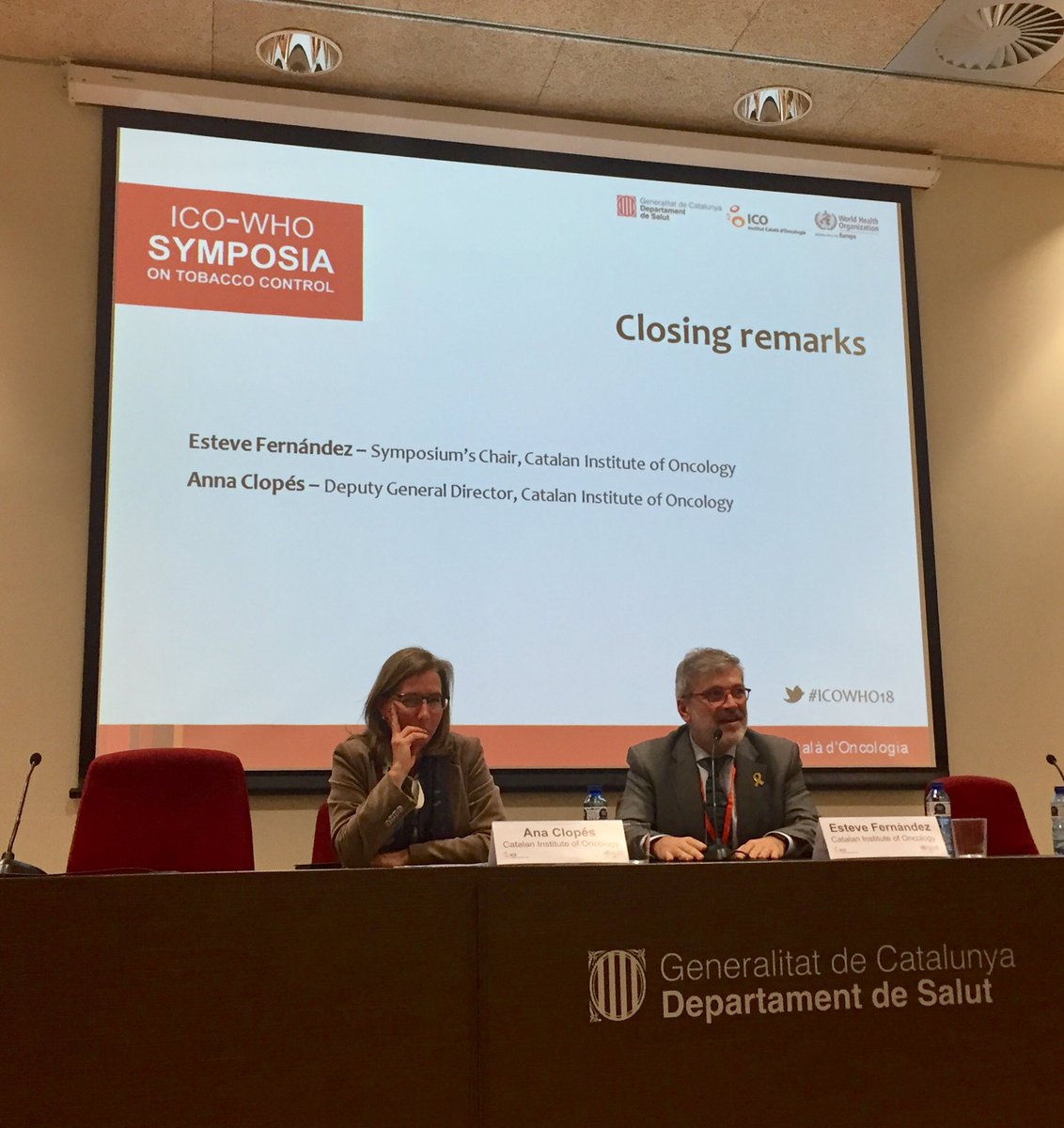 TobControlUnit's tweet photo. The Chair of the #ICOWHO18 Symposium, Esteve Fernández shares with the audience a brief summary of the main contributions around tobacco control highlighted during the #ICOWHO18 Symposium https://t.co/3Ri8NSapqQ