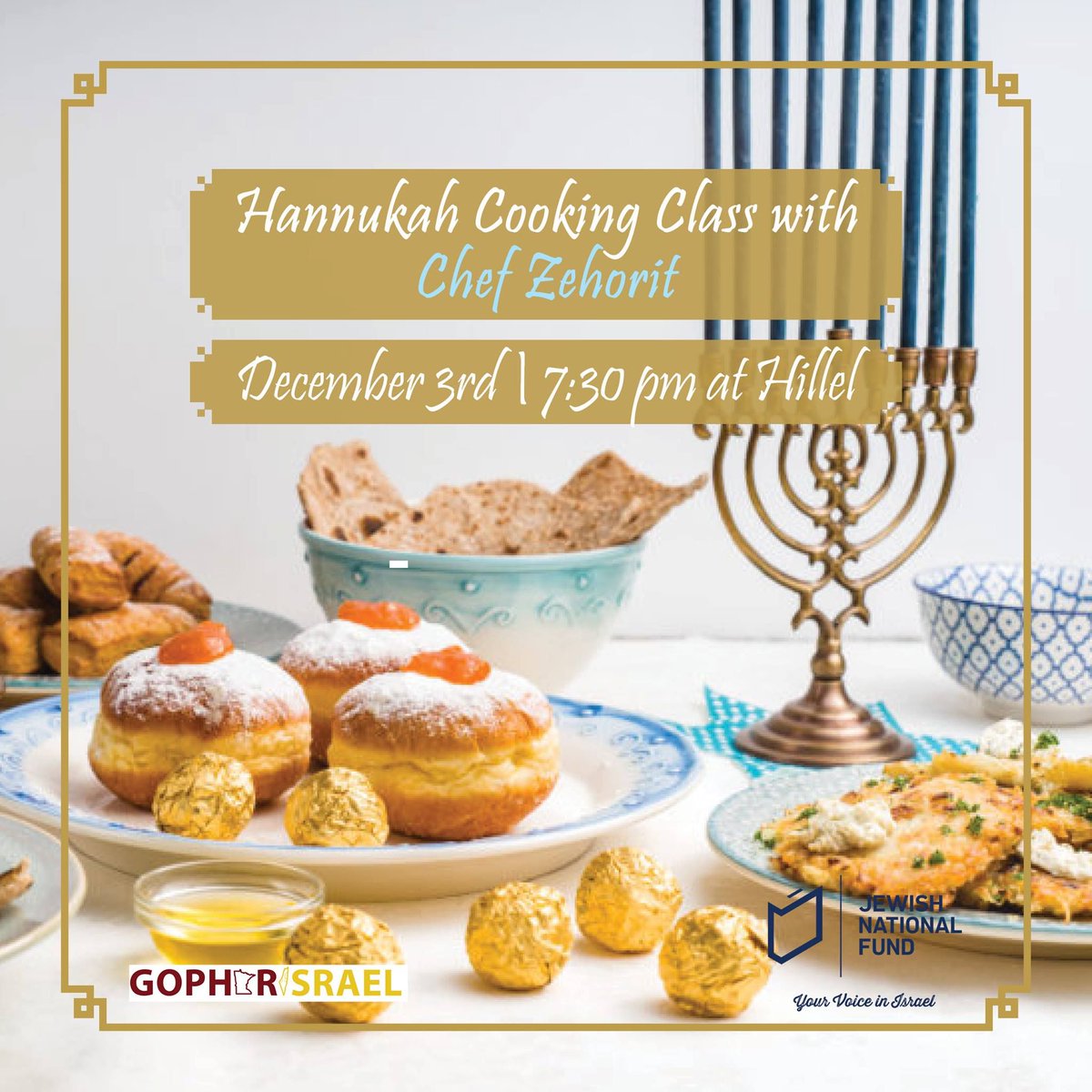 MNHillel's tweet photo. Happy Hanukkah! For the second night of Hanukkah we will be having the Hanukkah Cooking class with Chef Zehorit. Come on by for some fun, fresh food, and learn how to make your favorite Holiday meals! https://t.co/YMSBNYFvKm