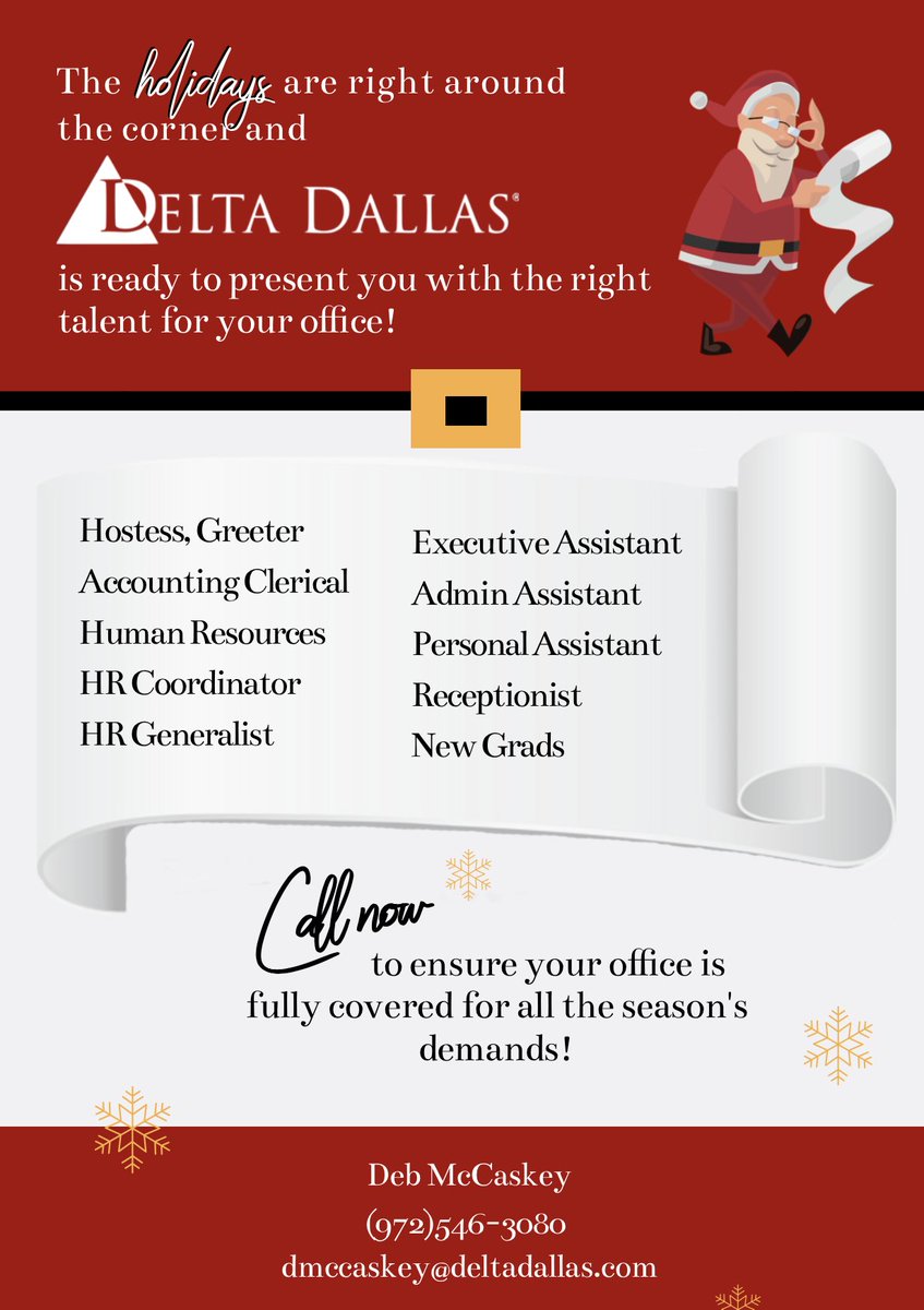 ddmccaskey's tweet image. Our team is here to help *your team* through the holiday season!  
Contact me for any of your office needs, from fill-in to full-time.
 #toptalent #staffing #holidays