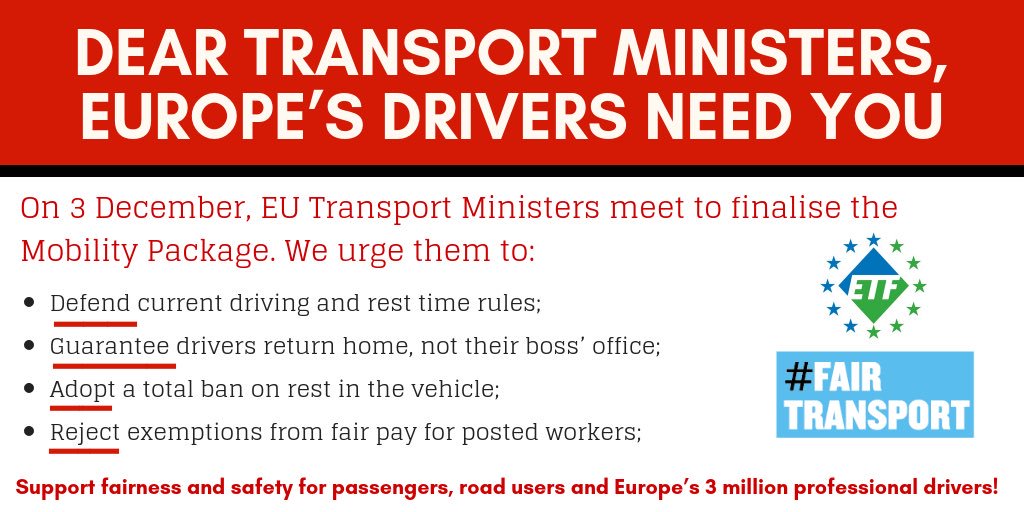 DANGER ON OUR ROADS
Current #MobilityPackage proposals by <a href="/EU2018AT/">eu2018at</a> would mean drivers are more tired, paid less than local workers, and away from home for longer than ever. #FairTransport now!
MINISTERS, WE ARE WATCHING YOU!
Read more bit.ly/2SbUxWo  @ETF_Road <a href="/NLatEU/">Netherlands at the EU</a>