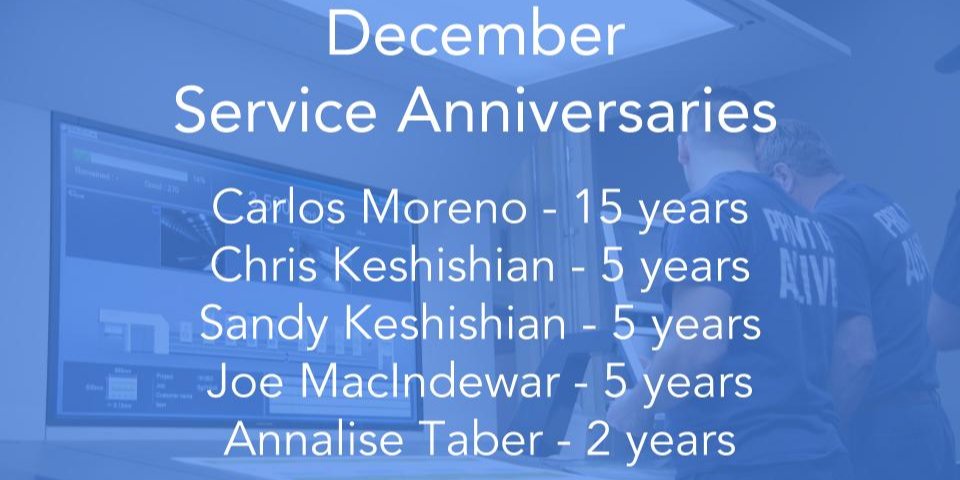 Congratulations to 5 of our employees who are celebrating service anniversaries in December. Thank you for your continued hard work and dedication to our team. #serviceanniversaries #milestones #employees #printing