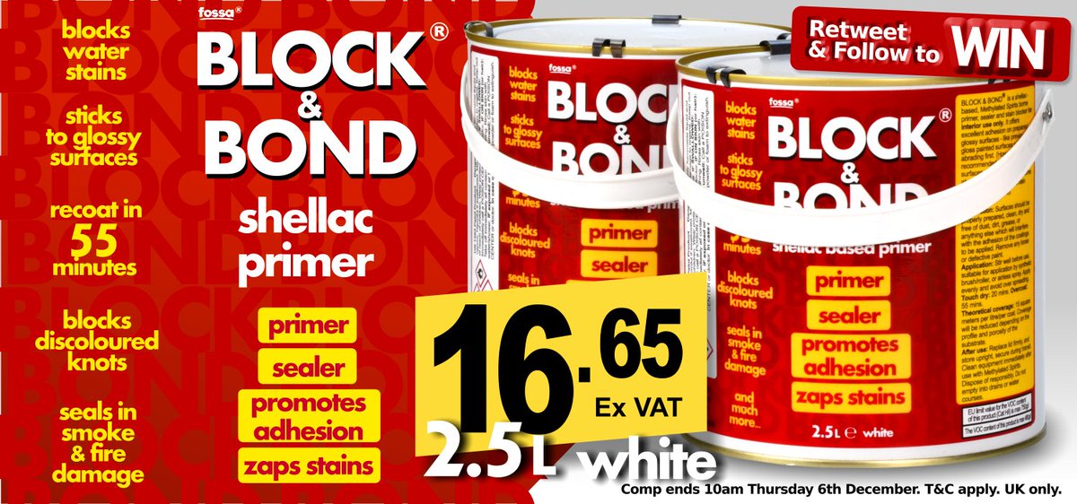 Retweet &amp; Follow to WIN a 2.5 litre of our popular Shellac based primer Fossa Block &amp; Bond. <a href="/decoratingdirec/">Decorating Direct</a> 2 to WIN.
Ends 10am Thursday 6th December 2018.
decoratingdirect.co.uk/viewprod/f/FOS…