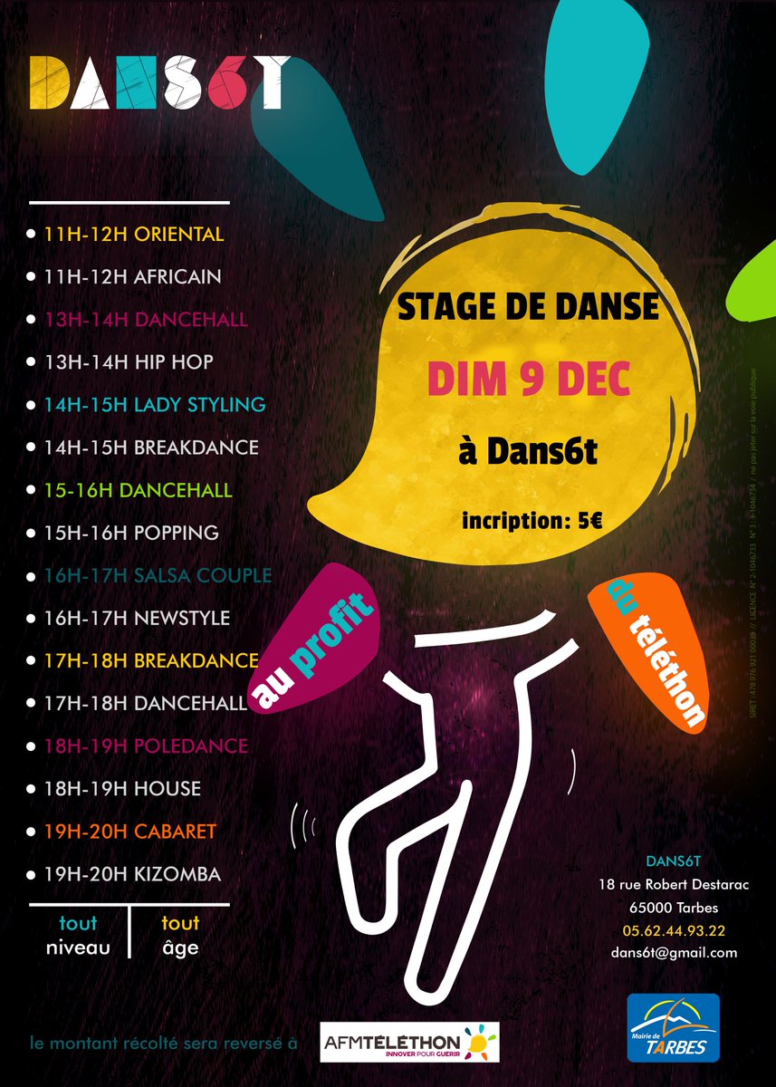 2 rendez-vous de fin d'année à ne pas manquer avec Dans6t
- sam 8 dec : Battle de Noel (6-18 ans) au Leclerc Ormeau 15h-17h entrée gratuite, inscription sur place
- dim 9 dec : stage de danse, participation min 5€ (reversée au Téléthon)
Rappel : Gala 2019 le 14 et 15 juin