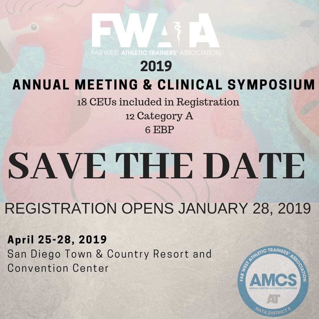 Happy Monday! 2019 FWATA Annual Meeting &amp; Clinical Symposium will offer 18 CEUs (12 Category A and 6 EBP), an extra 6 EBP CEUs are available with registration to Pre-Conference labs and workshops. Stay tuned for more exciting news for FWATA AMCS 2019! fwatad8.org/committees/ann…