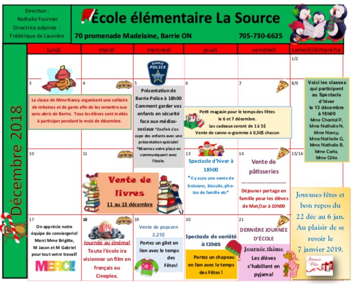 Voici notre calendrier du mois de décembre.
