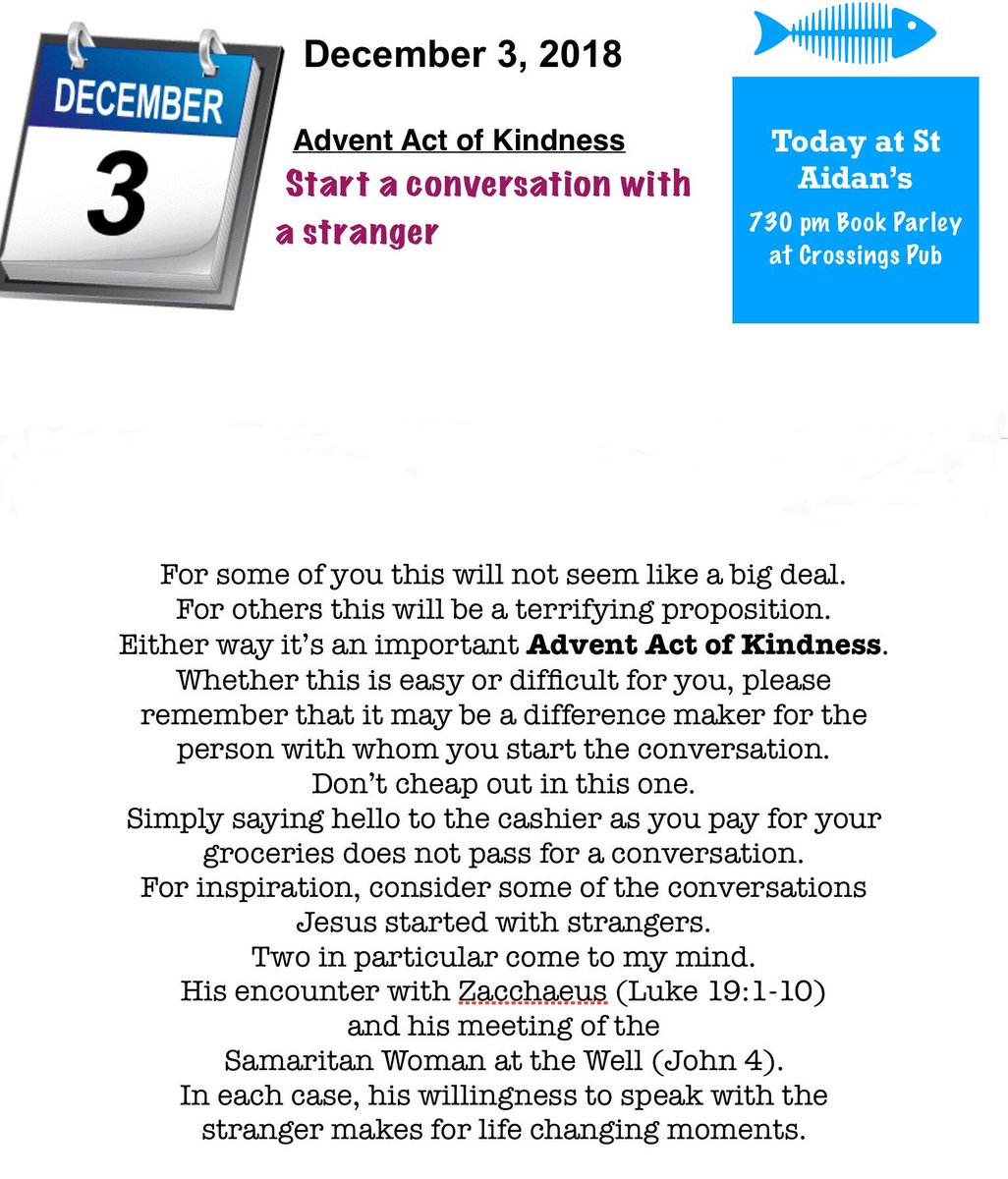 StAidansLondon's tweet photo. Each day of Advent we invite you to take up #Kindness as an intentional spiritual practice. These daily challenges are coomapnies by Scripture reading. Today @itsjustkevy is asking us to start a conversation with a stranger. #AdventKindnessCalendar https://t.co/LWBJedBWmE