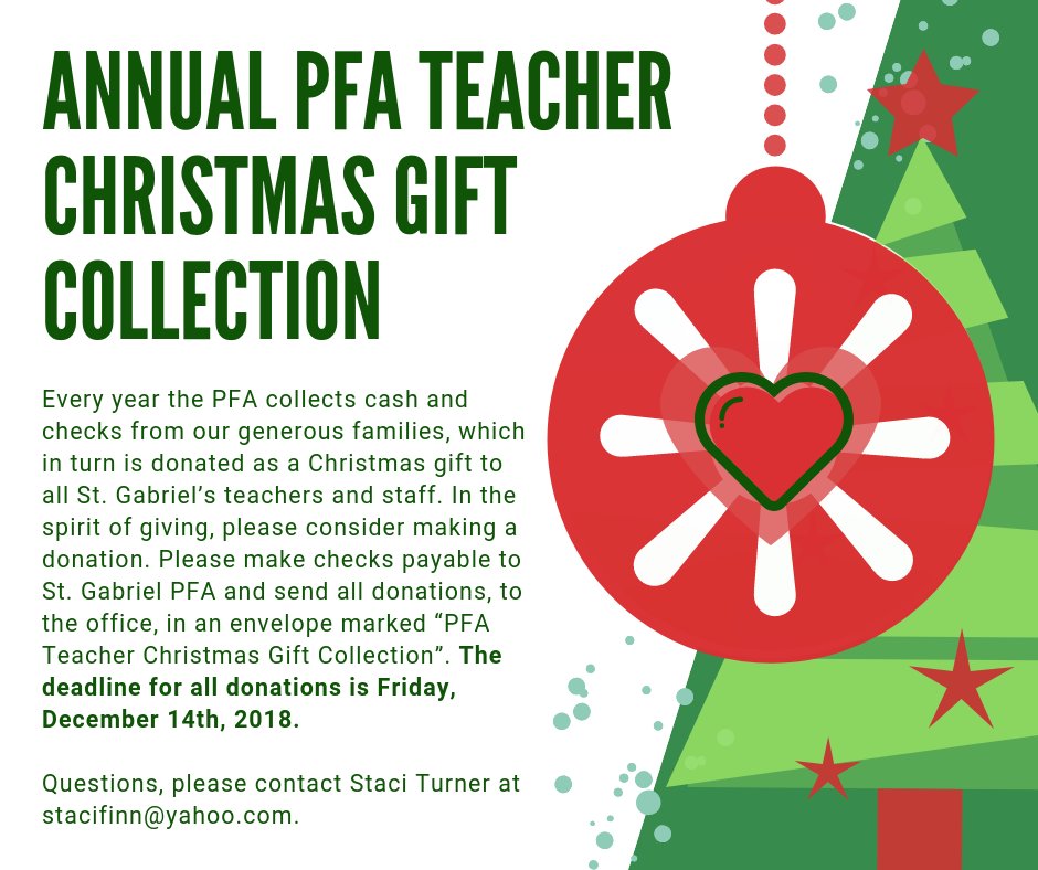 Please feel free to make a donation to our Annual PFA Teacher Christmas Gift Collection!