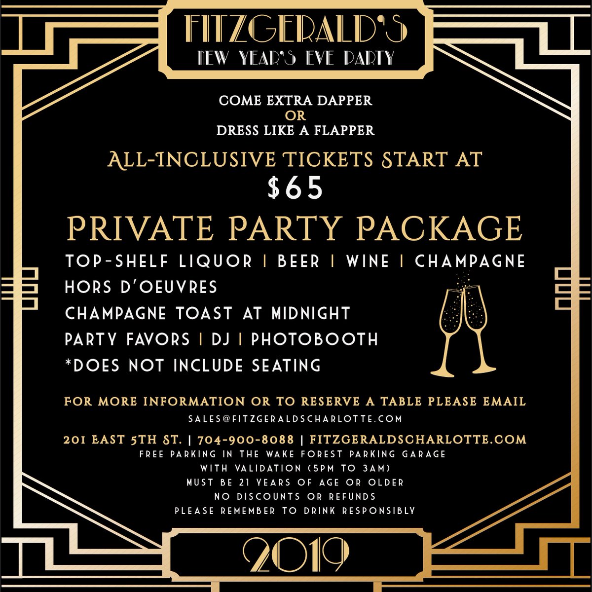 A little party never killed nobody! Ring in the New Year Gatsby-style at Fitzgerald's! Our all-inclusive party package includes top-shelf liquor, beer wine, champagne, hors d'oeuvres, party favors, DJ and photobooth! Purchase tickets at fitzgeraldsnye2019.eventbrite.com