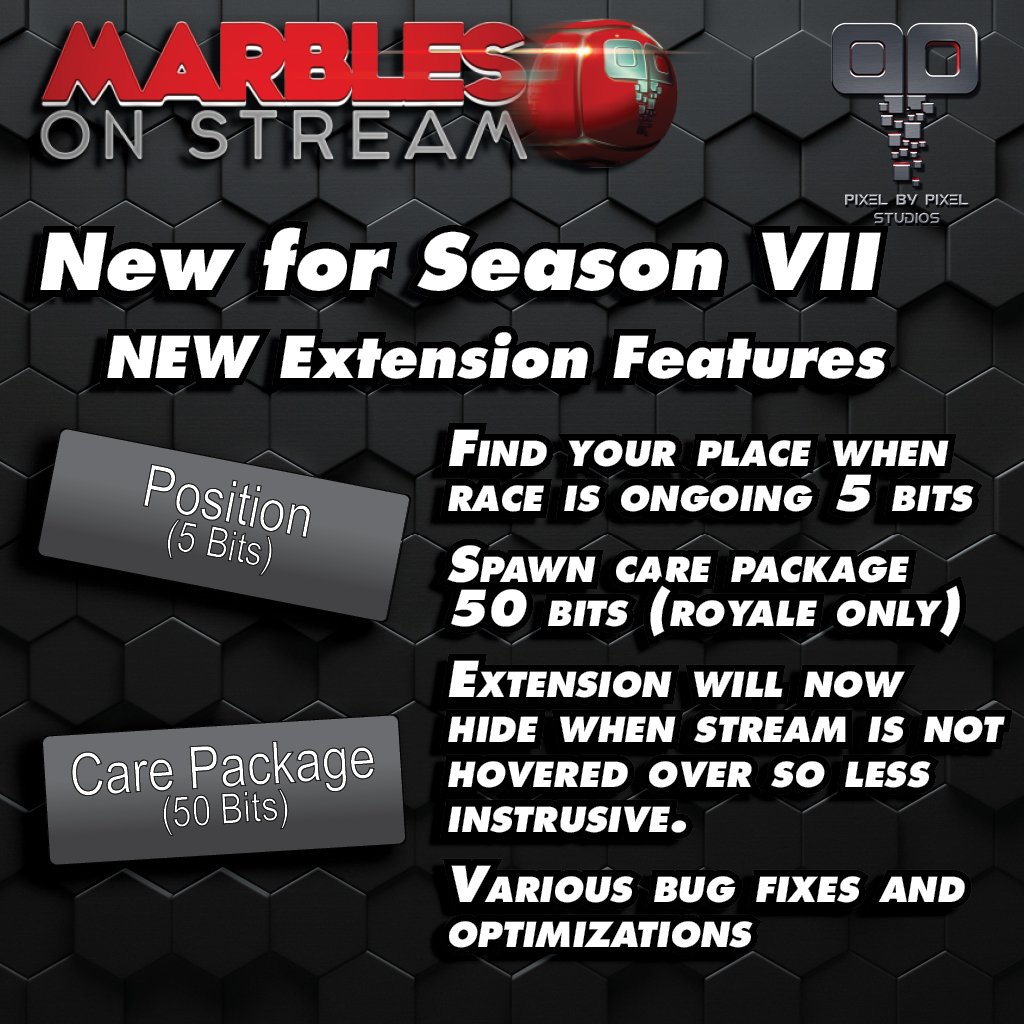 PixelbyPixelStu's tweet photo. The updated Marbles on Stream extension is now live. Check out the latest features:
- Find Place when race is ongoing 5 bits
- Spawn care package 50 bits (royale only)
- Extension will now hide when stream is not hovered over so less intrusive. #MarblesonStream #Twitch #extension https://t.co/AkvBddNSbC