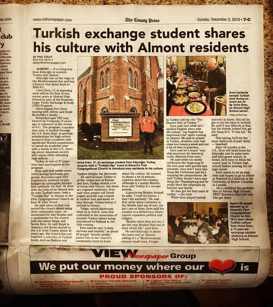 Mezun öğrencimiz Umut Kaan EREN, kazandığı Fen Lisesinin değişimi programı ile Amerika'da Michigan eyaletinde eğitim görmeye hak kazandı.Orada Türk kültürünü anlatarak "The County Press" gazetesine haber oldu. Mezunlarımızın başarılarıyla gurur duyuyoruz.👏 <a href="/ozalptarik/">Tarık Özalp</a>