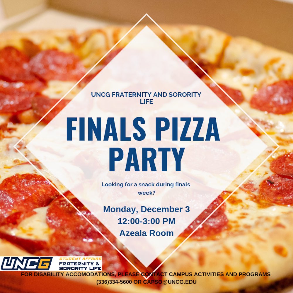 uncgfsl's tweet image. Pizza anyone?? Come to EUC Azelea for a slice, a #2 pencil and a healthy snack for finals week. #UNCGGoGreek #LetsGoGreek