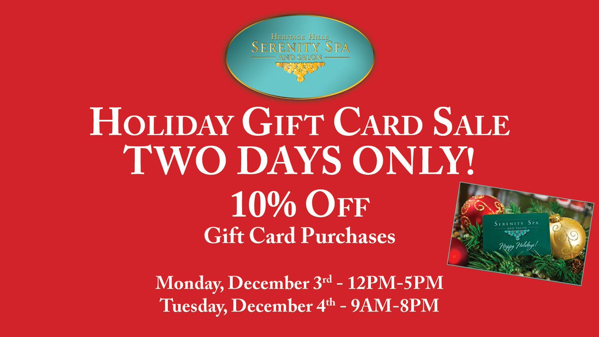 HHGolfResort's tweet photo. The Two Day Gift Card Sale at Serenity Spa and Salon at Heritage Hills starts NOW!!!  #thisisthegiftshewants #serenityspayork #heritagehillsgolfresort #hurry #twodaysonly #tenpercentoffgiftcardpurchase #giftcardsale #treatyourselftoo https://t.co/MpA1DT1MZU