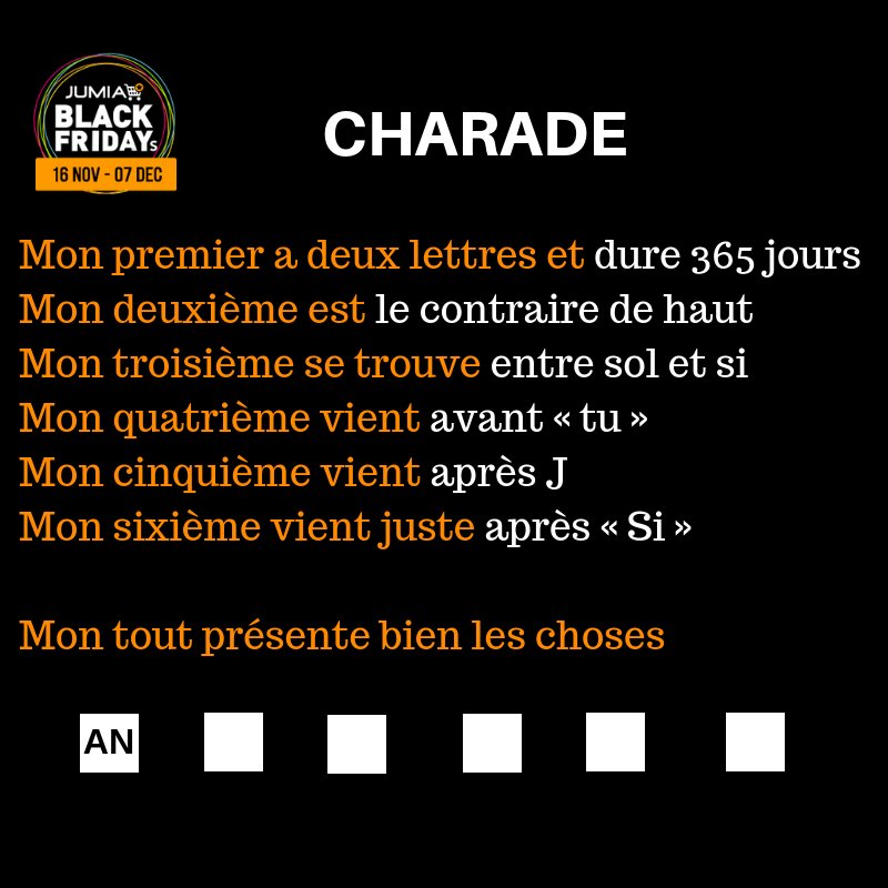 JumiaCameroun's tweet photo. 🤗Hello #Jumees
La réponse à cette #Charade, est un code de réduction de #10000FCFA pour tout achat de #50000FCFA!
#TAGUE_UN_PETIT_GÉNIE
☝️😌Code Valable sera valable le 07.12.2018 de 7h à 18h
😎Si tu as trouvé mets en commentaire "TROUVÉ"
#TopCestParti https://t.co/E6K3qmKdzL