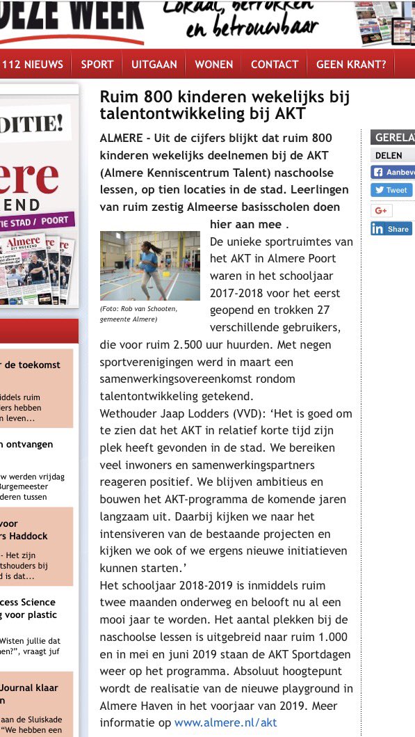 Mooi bericht in de Almere DEZE WEEK over de AKT naschoolse lessen. Inmiddels zijn dit 891 kinderen. Dit zijn jaarlijks 40 lessen en bij elkaar dus 35.640 beweegmomenten verdeeld over meerdere locaties in Almere. Wij zijn hier super trots op #iederzijntalent#almere