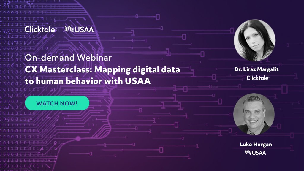 Hear from Luke Horgan, Director, Digital Channel Analytics at <a href="/USAA/">USAA</a>, and <a href="/LirazMargalit/">Liraz Margalit, PhD לירז מרגלית</a>  Head of Behavioral Research at Clicktale, as they share ground-breaking use cases, including deep analysis of data, digital behaviors and customer journeys.

okt.to/xMbGys