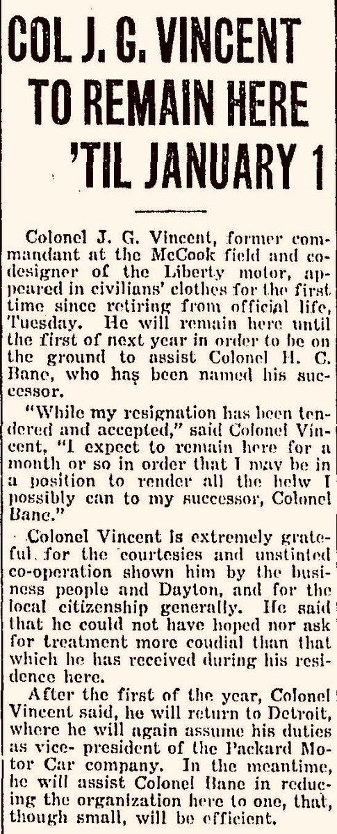 McCookField's tweet photo. #ww1OnThisDay Returned to Dayton from Detroit this AM. Reported to office for 1st time in civvies, completing my discharge papers. Called in local papers to discuss my & McCook future. This appeared in evening’s @daytondailynews #1918LIVE #wwicentenary #WWI https://t.co/Q0oyTj4wZT