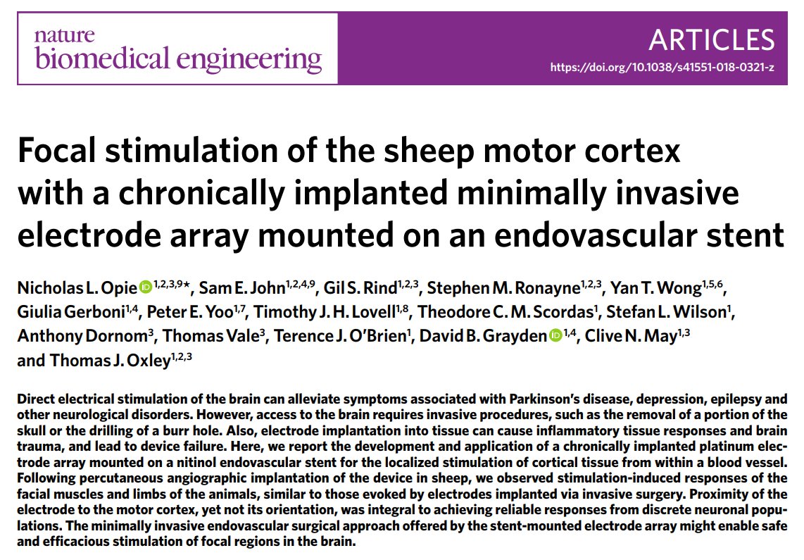 Nature Biomedical Engineering Focal Stimulation Of The Sheep Motor Cortex With A Chronically Implanted Minimally Invasive Electrode Array Mounted On An Endovascular Stent T Co Ximrdzzf7m T Co 5jcuz1xtbi
